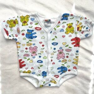 Vintage 123 Kids Bodysuit Snap Button Up 12M Baby Cotton 1pc Colorful Teddy Bear